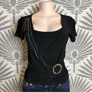 Vtg Y2K Rhinestone Wrap Top Black Buckle Waist Studded Clubwear Rave Goth Sz M